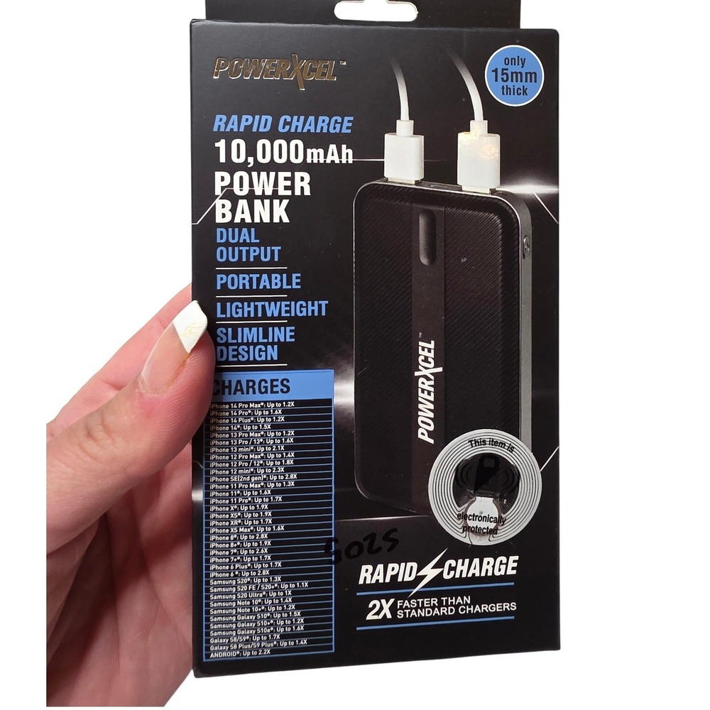 PowerXcel 10000mAh Rapid Charge Power Bank Dual USB Portable Slim Black‎ 15mm
